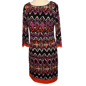 Donna Ricco 3/4 Sleeve Dress Chevron Exposed Zipper Black Orange Pink 4